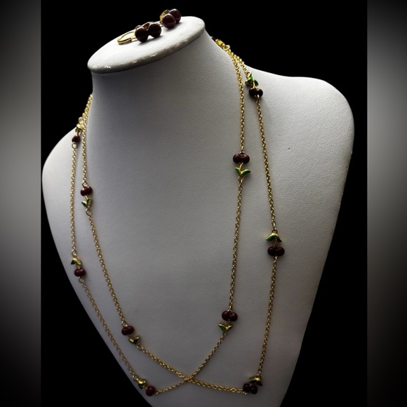 Joan River Custom Enamel Cherry Necklace and Earrings set - Picture 6 of 17